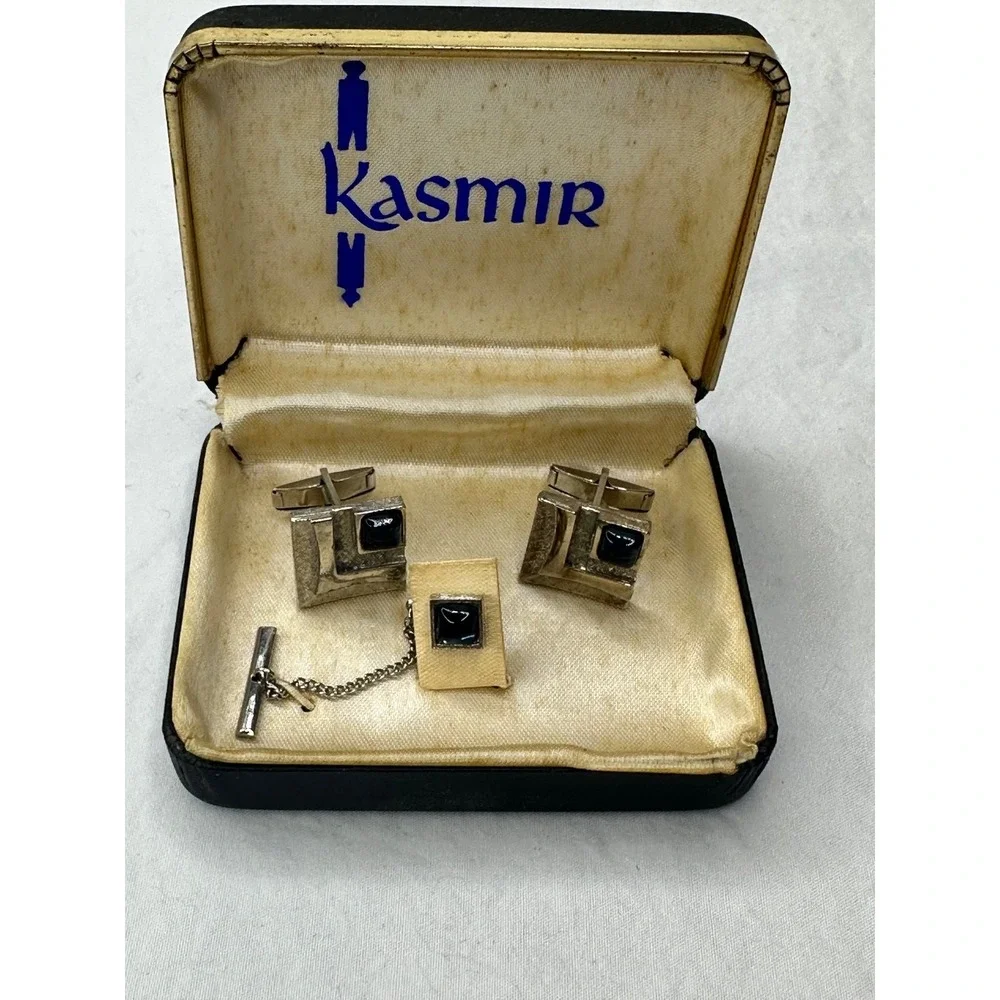 Kasmir cufflinks Tie Tack Set Blue Stone Square Silver Tone Vintage Boxed
